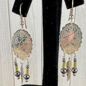 Sterling Silver Flower Concho Earrings Hematite beads, 925 silver feathers